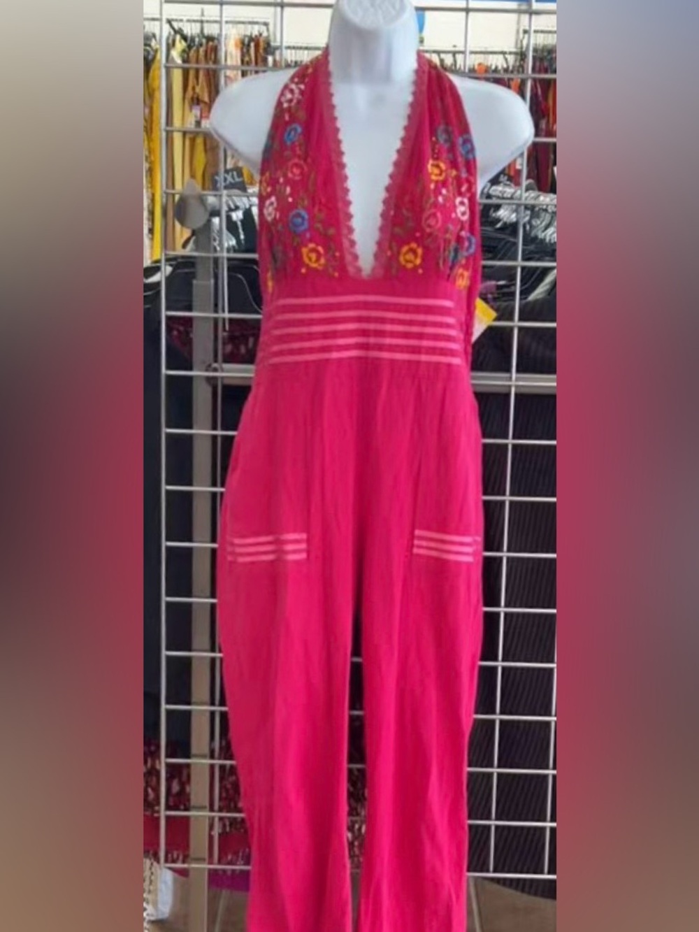 Mexican Artisan Embroidered Floral Halter Jumpsuit Romper Cotton Boho OS